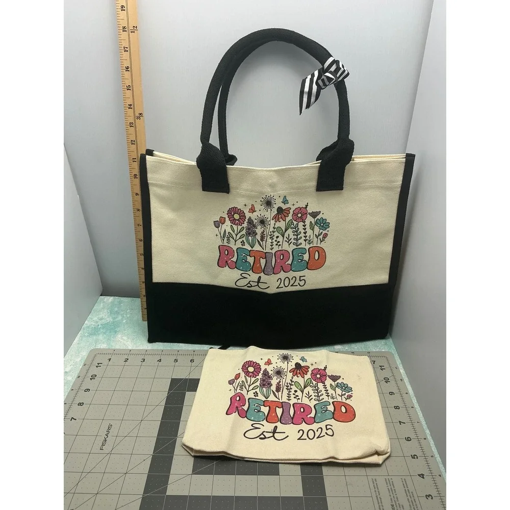 Retired Est‎ 2025 Tote Bag Boho Floral Garden Canvas Beach Bag Gift